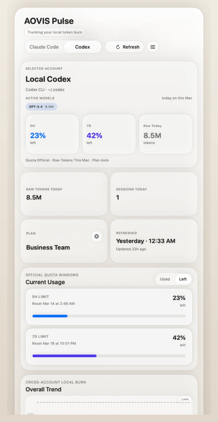 AOVIS Pulse account details screenshot